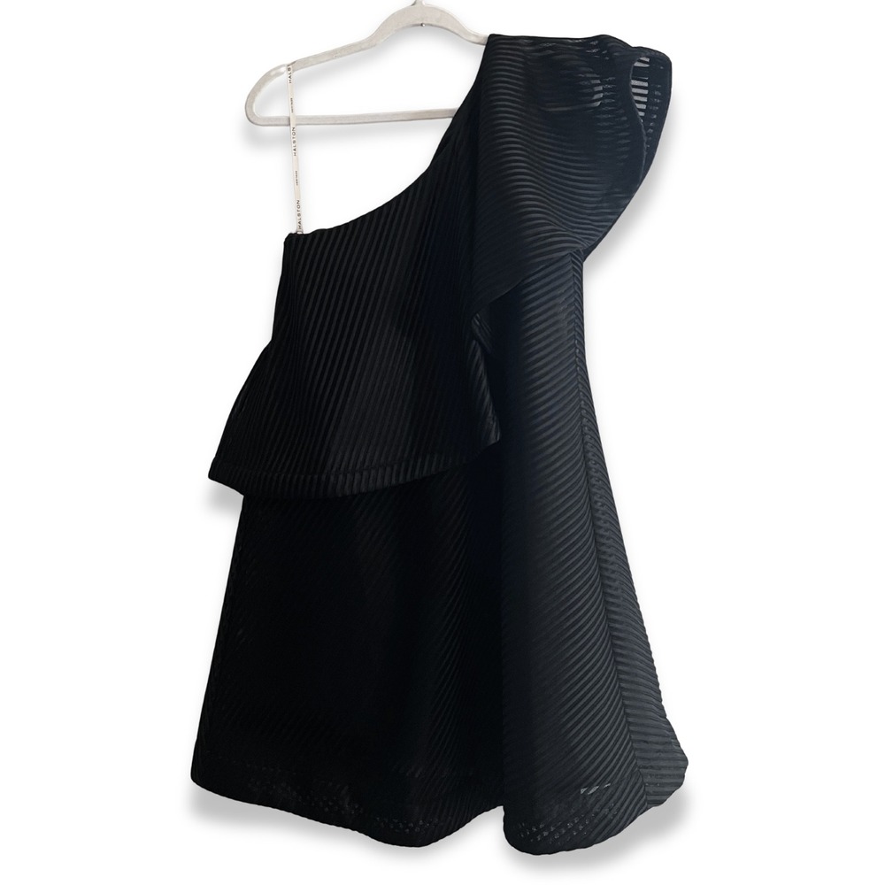 Halston Heritage One Shoulder Flounce Striped Mesh Cocktail Dress Black 10 NWT